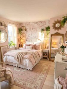 A grand gold-framed floor mirror reflecting warm bedroom lighting, floral wallpaper, and a cozy layered bedding layout.