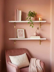 Minimalist wall decor with white floating shelves displaying color-coordinated books, a trailing pothos plant, and a gold picture frame above a reading corner bedroom setup.