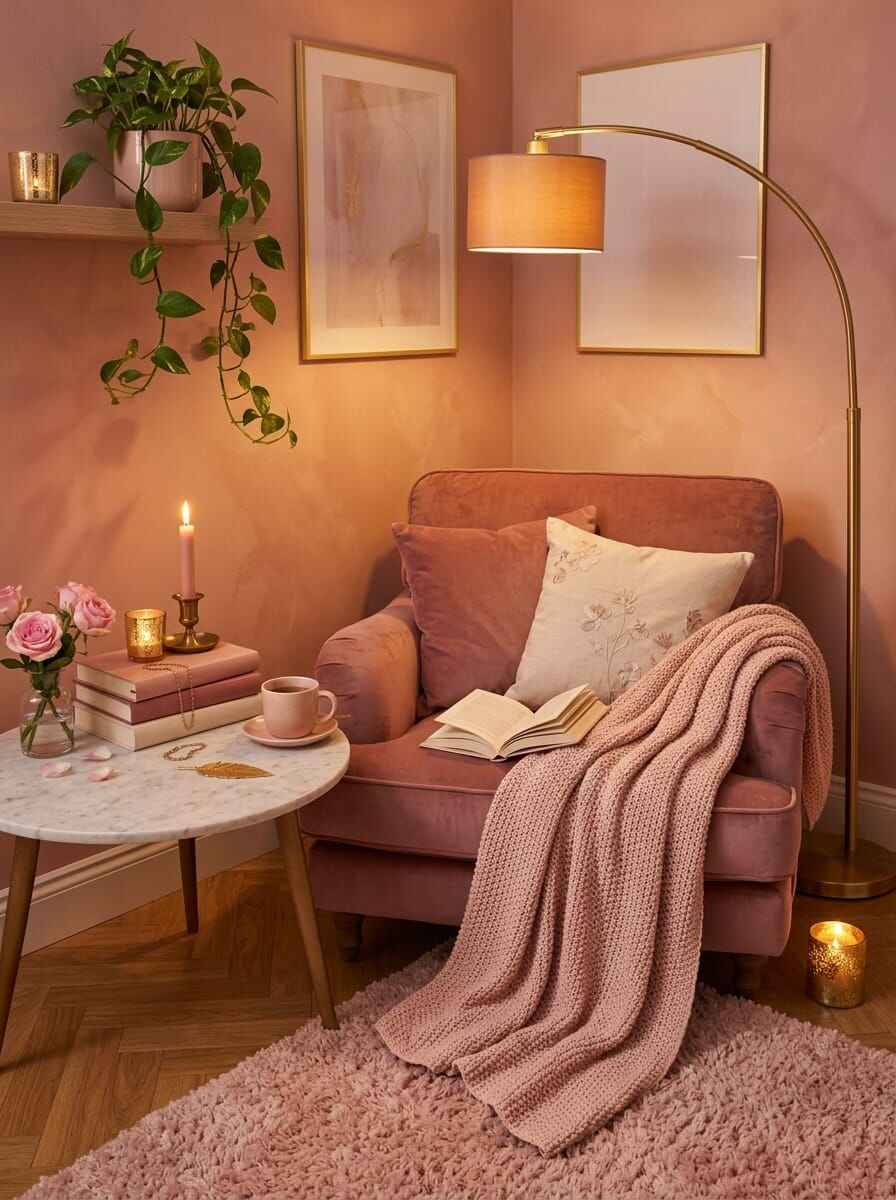 Cozy bedroom reading nook ideas showing an inviting pink velvet armchair under an arc lamp, a marble coffee table with an open book, and a burning candle on a shag rug.