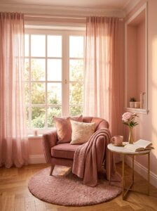 Cozy bedroom reading nook by window featuring a blush velvet armchair, matching pink area rug, sheer linen curtains, and a marble side table.