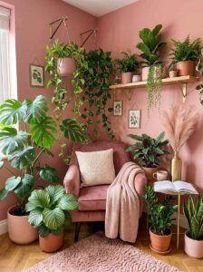 A lush urban jungle bedroom reading nook packed with trailing pothos, a large monstera plant, and dried pampas grass surrounding a pink armchair.
