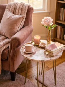 A round pink marble side table styled next to a velvet reading chair with a fresh peony flower in a gold vase, a burning candle, and stacked hardback books.