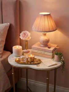 Elegant bedside table decor styling ideas showing a marble-topped gold frame nightstand holding a pleated pink lamp, luxury candles on a brass tray, stacked aesthetic books, and a glass perfume bottle.