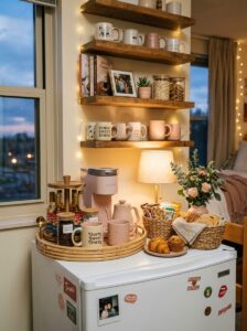 A cozy college dorm room coffee bar station styled on top of a mini-fridge, featuring a pink Keurig, "Dorm Sweet Dorm" mugs, floating shelves with mugs and a photo frame, and baskets filled with snacks and breakfast pastries.