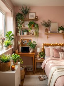 A bright and cozy small college dorm room styled with multiple natural wood floating shelves, many trailing houseplants like pothos, string of pearls, and fiddle leaf figs, soft pink bedding, a minimal desk, and warm fairy lights.