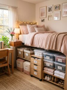 A high lofted dorm bed showing efficient under-bed organization with labeled clear plastic bins for activewear and shoes, woven baskets, and a small rolling wooden dresser.