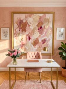 Large framed blush pink and gold abstract wall art statement piece hanging above a marble desk and velvet desk chair in a cozy workspace.