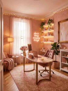Blush pink feminine workspace featuring a marble desk with gold legs, plush desk chair, sheer curtains, illuminated shelves, and warm ambient lighting.