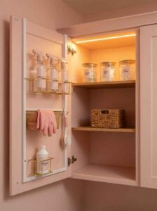 Inside of a blush pink laundry cabinet with wire door racks for spray bottles and glass jars on shelves.