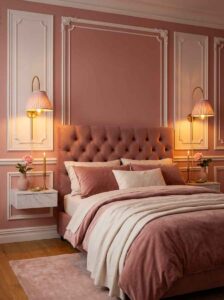 Elegant classical wall molding with white board and batten paneling details contrasting against a warm dusty pink wall behind a tufted headboard.