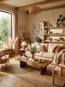 Warm and cozy living room ideas displaying a light pink fabric sofa, wooden coffee table, textured jute rug, and wooden display shelves styled with organic pottery and pampas grass.