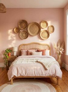 Bohemian style bedroom decor showing a balanced arrangement of five different sized woven seagrass baskets mounted on a soft pink wall above a rattan bed frame.