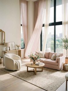 Bright and airy cozy living room ideas with double-height windows, sheer blush pink curtains, a modern pink sofa, and a cream bouclé swivel chair.