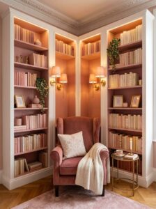 A luxury bedroom reading corner surrounded by custom floor-to-ceiling built-in bookshelves filled with books, warm wall sconces, and a plush armchair.