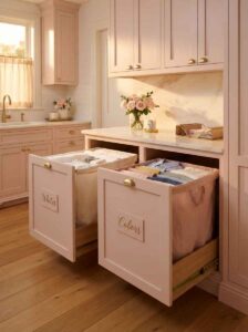 Built-in pull-out laundry hampers labeled for whites and colors inside blush pink laundry room cabinetry.