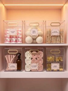 Clear acrylic storage bins with gold handles holding wool dryer balls, laundry pods, and clothespings.