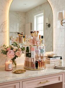 Clear acrylic 360-degree rotating makeup and perfume organizer sitting on a marble vanity top.