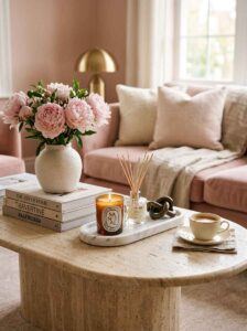 Cozy living room ideas showing a close-up of a travertine stone coffee table styled with pink peonies in a ceramic vase, a luxury scented candle, a reed diffuser, and a cup of coffee.
