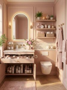 Full view of a tiny organized bathroom featuring open drawers, under-sink storage, and wall shelves.