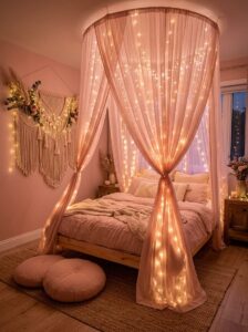 Cozy bedroom lighting ideas featuring warm white micro LED fairy lights woven into a sheer pink fabric bed canopy.