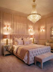 Modern architectural bedroom design utilizing a hidden warm LED strip light behind a textured headboard for indirect accent lighting.