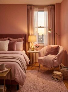 A compact cozy bedroom reading nook positioned directly beside the bed with a soft pink armchair, gold accent tables, and warm task lighting.