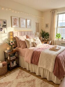 A cozy college dorm room Twin XL bed featuring a tufted pink headboard, warm string lights, layers of dusty rose and cream bedding, a chunky knit blanket, and structured art frames hanging above.