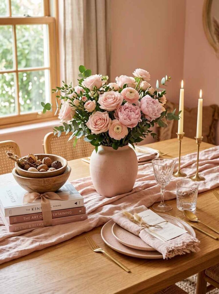 Wooden dining table styled with a pink linen runner, ceramic vase of peonies, and stack of coffee table books.