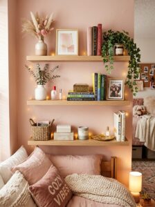 A close-up view of three natural wood floating shelves on a blush pink dorm wall, styled with books (Normal People), fairy lights, plants, and small decor, above a cozy bed with a "Cozy Vibes" pillow.