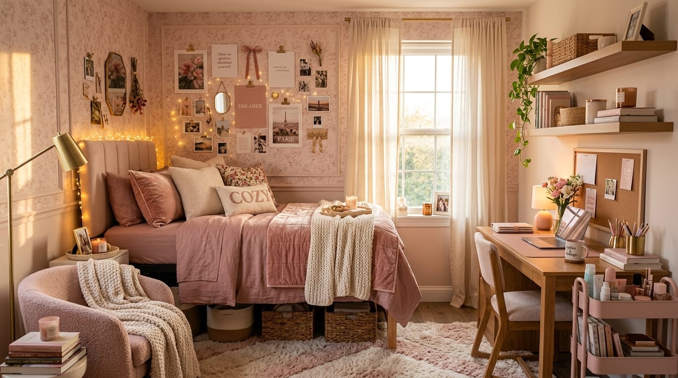 An aesthetic college room setup showcasing creative and cozy dorm room ideas, featuring a Twin XL bed with layered pink bedding, a multi-tier rolling vanity cart next to a wooden desk, warm fairy lights, and floating wall shelves.