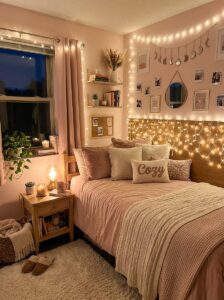 A college dorm room at night beautifully lit by cascading fairy lights across a wooden headboard, a small bedside lamp, and floating shelves holding books and pampas grass.