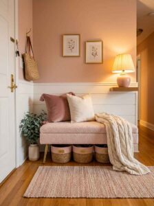 A cozy upholstered entryway bench adorned with blush pink throw pillows and a knit blanket in a Scandinavian style apartment entrance.