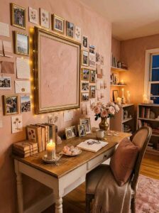 Cozy home office gallery wall decorated with gold framed pictures, aesthetic mood board photos, string lights, and a vintage wooden writing desk.