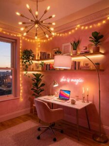 Cozy evening home office setup with a brass sputnik chandelier, arched floor lamp, glowing neon sign, and warm LED illuminated shelves.