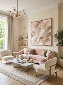 Cozy living room ideas featuring a dusty pink velvet sofa, cream bouclé accent chairs, a marble coffee table, and a large blush pink abstract painting on a warm beige wall.