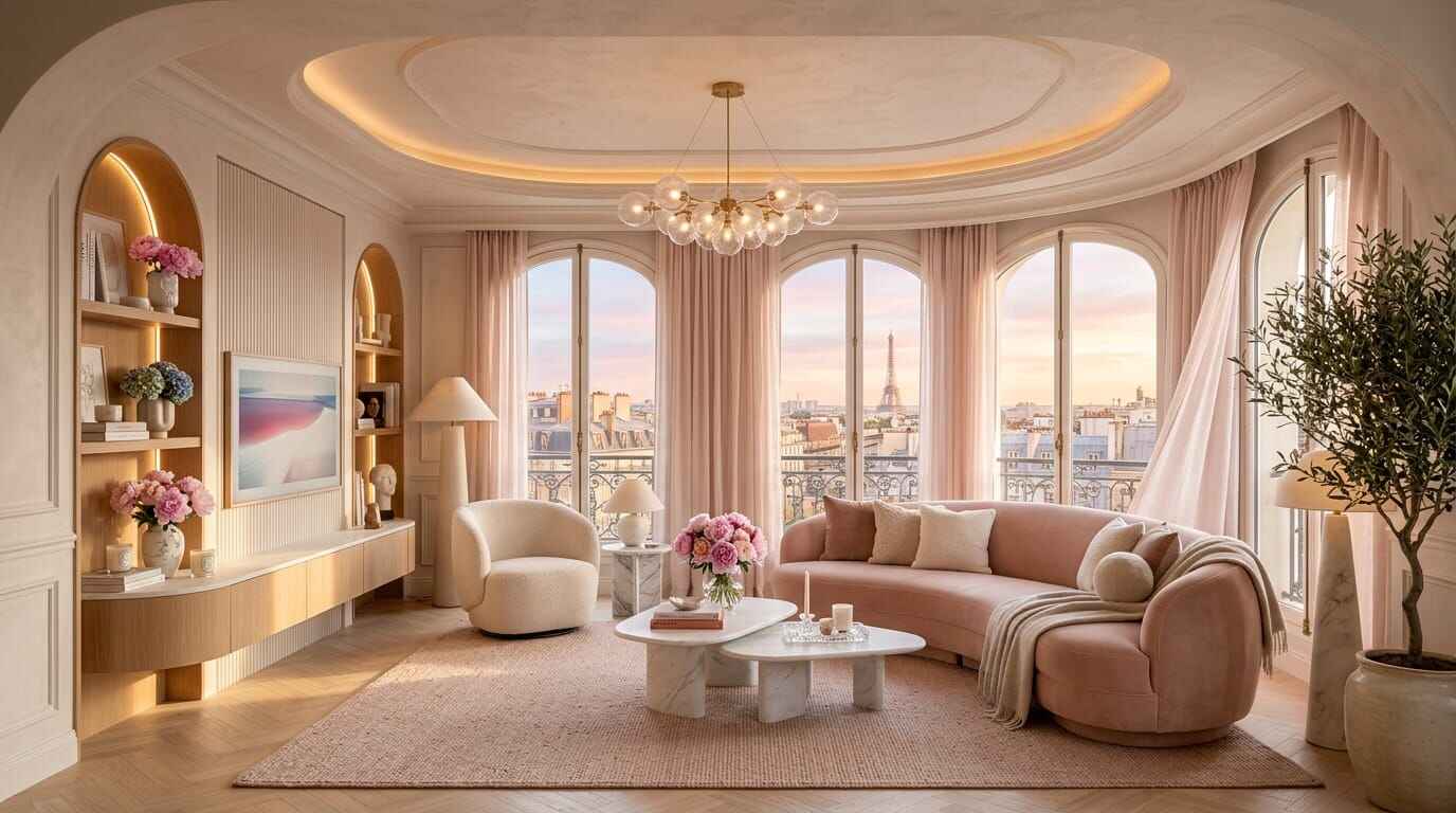 cozy living room with pink sofa and large windows