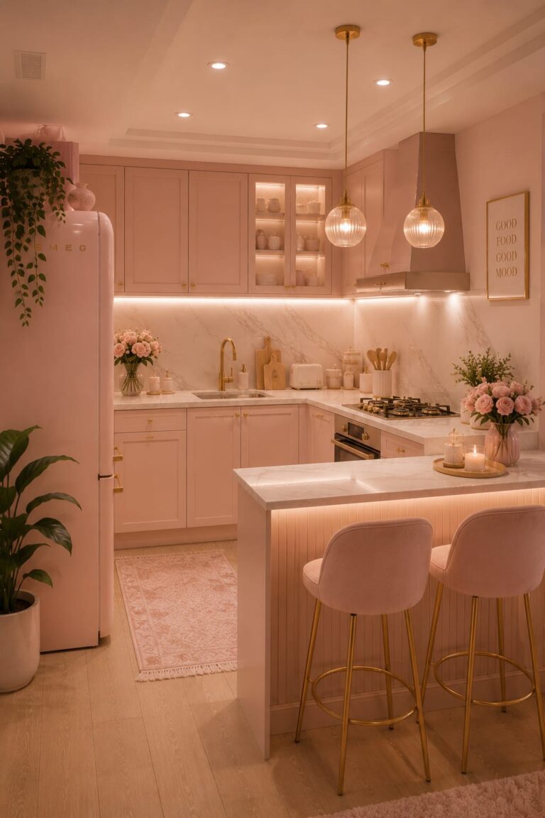 pink kitchen and cabins and also a chair and pink bridge