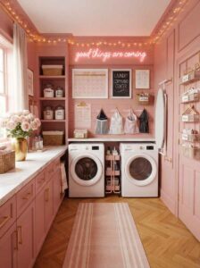 Cozy blush pink laundry room setup with a wall command center, neon sign, and side-by-side washer dryer.