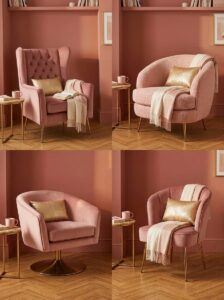 Four different cozy reading chair styles for a bedroom corner layout comparison including pink velvet wingbacks, cream boucle swivel chairs, and gold legs.