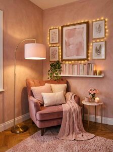 A styled cozy bedroom reading corner wall featuring a plush velvet armchair, a gold floor lamp, a picture ledge with pink books, and small framed art wrapped in string lights.