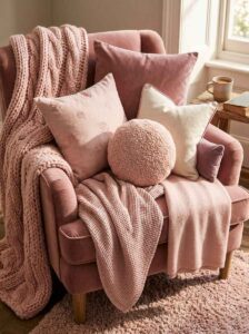 Tactile layered textures on a cozy reading corner bedroom chair featuring a pink round boucle ball pillow, embroidered linen cushions, and a chunky knit blanket.