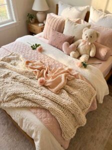 Minimalist small bedroom decor showing a beautiful bed layered with a chunky cream knit blanket, textured linen pink pillows, a plush teddy bear, and a romantic pink rose lying on the duvet.