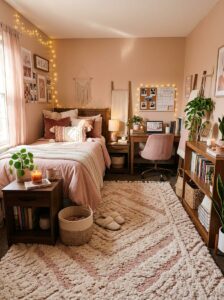 A complete view of a small college dorm room layout featuring a matching wooden bed frame, nightstand, desk, and bookshelf styled with warm string lights, pink textiles, and a geometric patterned rug.