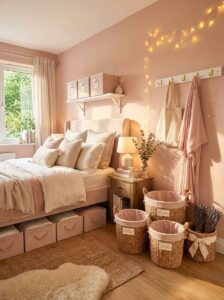 Creative under-bed storage boxes and woven wicker storage baskets with pink fabric linings organizing a neutral and blush pink small bedroom layout.