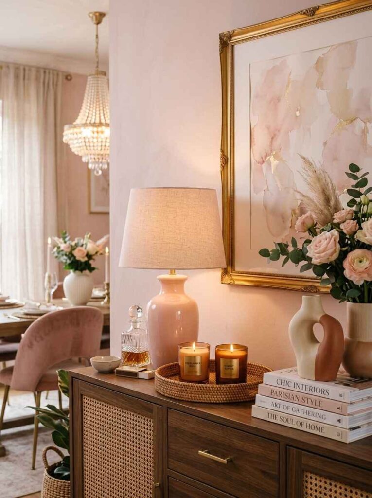 Buffet cabinet styled with a ceramic table lamp, scented amber candles, and decorative interior books.