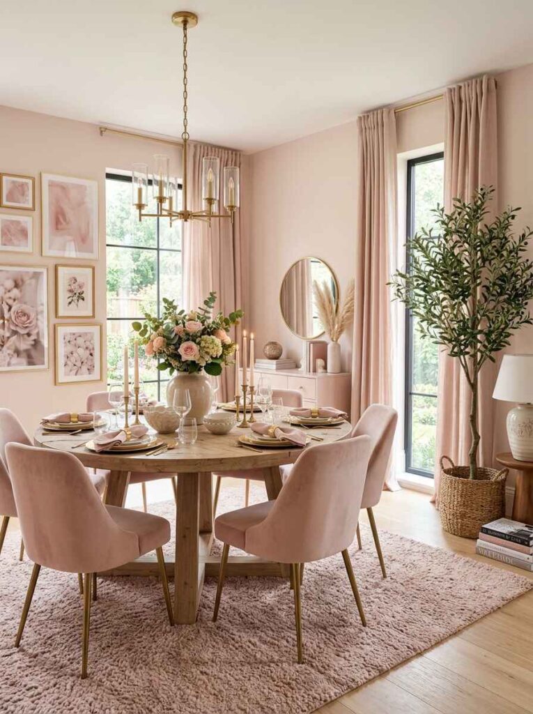Completed cozy dining room styled with a pink area rug, sheer drapes, and a tall artificial olive tree.