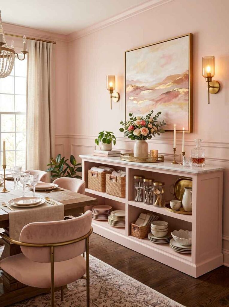 Blush pink dining room buffet console organized with woven storage baskets and glass canisters.