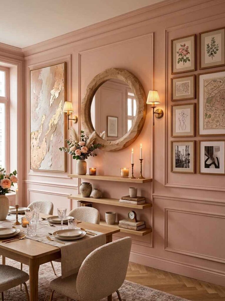 amazon dining room decor showing a pink wall styled with a round wooden mirror, canvas art, and gallery frames.