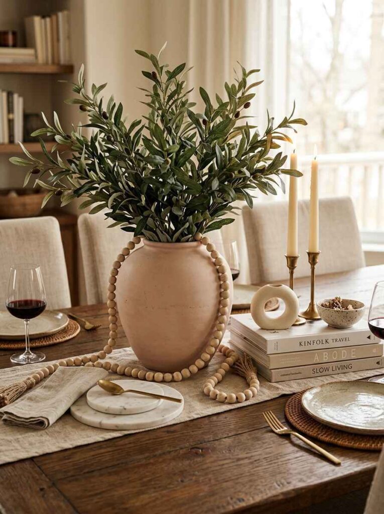 Table centerpiece featuring a terracotta vase filled with artificial olive branches and wood bead garland.