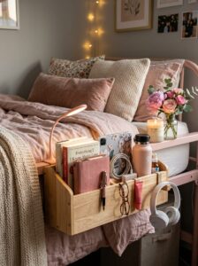 A creative wooden bedside shelf attached to a pink dorm bed frame, holding books like "Everything I Know About Love," an iPad, a water bottle, headphones, and skincare essentials, next to a pink bedding set.
